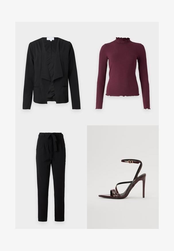 Blazer noir en tissu lisse avec un devant drapé, des manches longues et deux poches latérales. Design minimaliste sans boutons ni ornements.; Pull côtelé à manches longues violet foncé avec un col volanté factice et des bords à volants assortis aux manches et à l'ourlet.; Pantalons noirs en matériau doux et flexible, dotés d'une taille à nouer, de plis à l'avant et d'une conception de jambe fuselée.; Sandale à talons hauts en cuir verni bourgogne avec une bride de cheville, bout pointu et trois bandes horizontales sur le pied. Détail de boucle dorée.