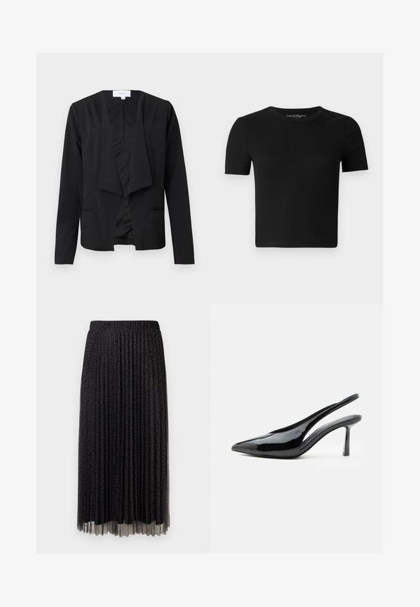 Sort blazer lavet af glat stof med draperet front, lange ærmer og to sidelommer. Minimalistisk design uden knapper eller udsmykninger.; Sort tætsiddende T-shirt med korte ærmer, ribbet tekstur og rund halsudskæring. Simpelt design uden synlige logoer eller pynt.; Sort plisseret midi-skjørt med en subtil leopardprint, elastisk talje og transparent tekstur ved kanten.; Sort laklæder stilet højhælet slingback med spids tå og slank stilet hæl på hvid baggrund.