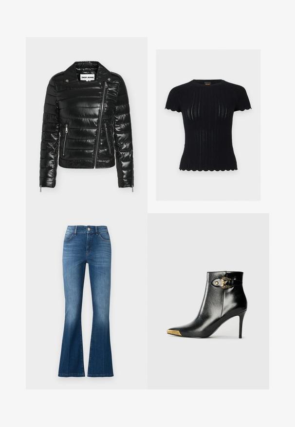 Doudoune noire matelassée avec fermeture éclair diagonale à l'avant, deux poches latérales zippées, col à pression et poignets zippés, étiquetée DKNY JEANS.; Haut en maille noir à manches courtes avec bords festonnés et motif vertical en maille ajourée, coupe ajustée et encolure ronde.; Jeans flare en denim bleu avec bouton sur le devant, fermeture éclair et design cinq poches, présentant une légère décoloration sur les cuisses et les genoux.; Bottine noire en cuir brillant, avec un bout pointu, un talon aiguille, et des accessoires dorés ornés d'une boucle décorative.