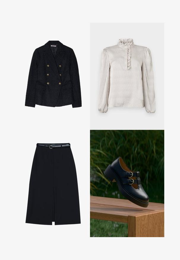 Blazer noir à double boutonnage avec un tissu texturé, comportant deux poches avant et des accents de boutons dorés.; Blouse crème à manches longues avec fines rayures verticales noires, col montant à volants et détail à volants sur la patte de boutonnage partielle à l'avant.; Jupe noire à mi-cuisse avec une fente frontale, fabriquée en tissu lisse. Comprend une fine ceinture noire avec une boucle en argent et des passants.; Chaussure noire en cuir à double boucle avec des détails perforés flottant au-dessus d'un banc en bois à l'extérieur avec de l'herbe verte et des plantes en arrière-plan.