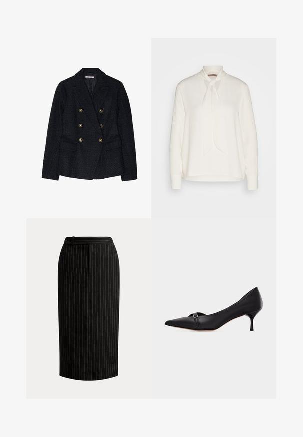 Blazer noir à double boutonnage avec un tissu texturé, comportant deux poches avant et des accents de boutons dorés.; Blouse blanche à manches longues avec un design à col noué, présentant une texture lisse et une coupe décontractée. Simple et élégante, sans motifs supplémentaires.; Jupe crayon noire longueur genou avec fines rayures verticales blanches et détail de ceinture boutonnée.; Escarpin en cuir noir à bout pointu avec un petit talon kitten et une fine bride à boucle sur le devant, présenté sur un fond blanc uni.