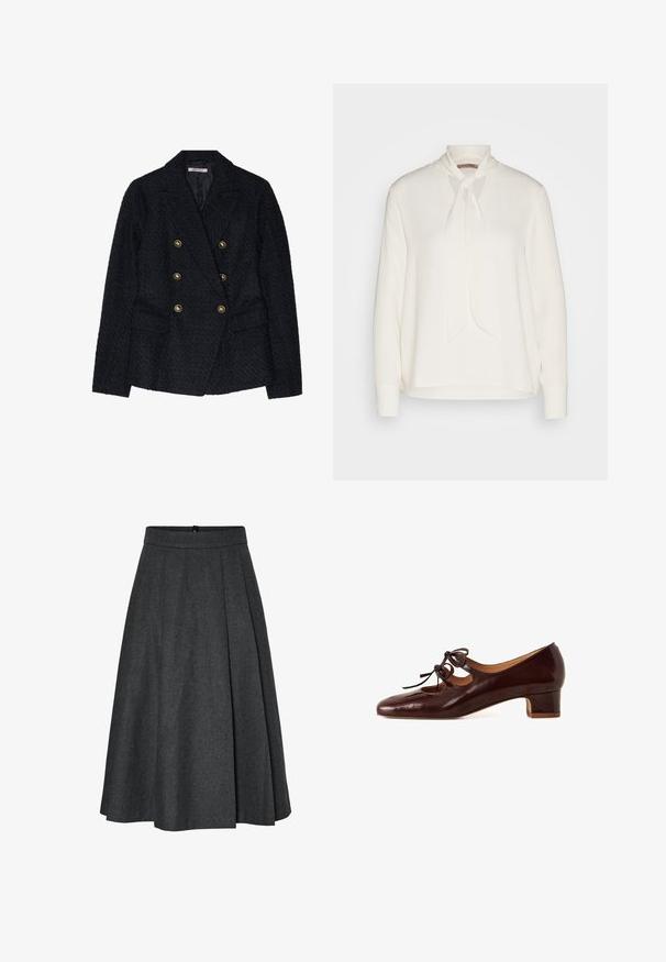 Blazer noir à double boutonnage avec un tissu texturé, comportant deux poches avant et des accents de boutons dorés.; Blouse blanche à manches longues avec un design à col noué, présentant une texture lisse et une coupe décontractée. Simple et élégante, sans motifs supplémentaires.; Jupe trapèze gris foncé longueur genou avec ceinture et plis subtils à l'avant.; Chaussure en cuir verni marron avec un bout arrondi, un petit talon carré et des nœuds décoratifs sur l'empeigne. Présente des découpes sur les côtés.