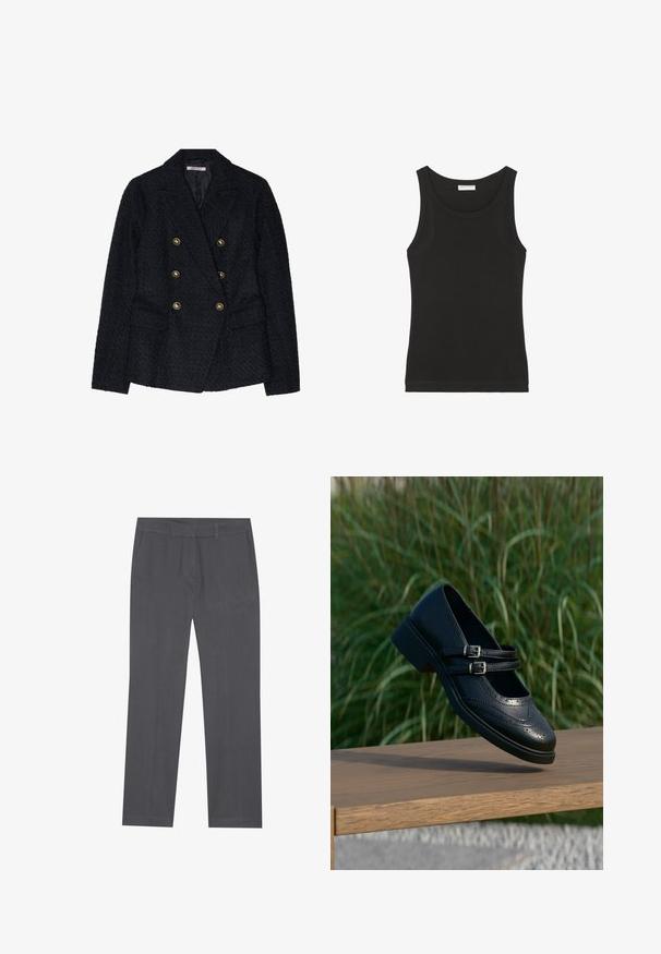 Blazer noir à double boutonnage avec un tissu texturé, comportant deux poches avant et des accents de boutons dorés.; Débardeur noir sans manches en coton doux, avec un col rond et une silhouette ajustée. Design simple sans motifs ni accents visibles.; Pantalon gris en tissu lisse, présentant une coupe droite, des poches avant et une taille avec passants de ceinture.; Chaussure Mary Jane en cuir noir avec doubles brides bouclées et détails brogue, flottant au-dessus d'un banc en bois avec en arrière-plan de l'herbe verte.