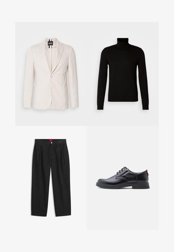 Lichtbeige blazer gemaakt van textuurstof, met een notch-lapel, twee voorzakken en een enkel knoopsluiting. Merktag zichtbaar aan de binnenkant.; Zwarte coltrui van fijn gebreide stof, met lange mouwen en een getailleerde pasvorm. Gladde textuur met geribbelde manchetten.; Zwarte hoge taille broek met plooien aan de voorkant, ceintuurlussen, een knoop- en ritsluiting, en een rood label aan de binnenkant van de tailleband.; Zwarte leren veter schoenen met een gladde textuur, ronde neus en subtiel stiksel detail. Voorzien van een rode trekband op de hiel.