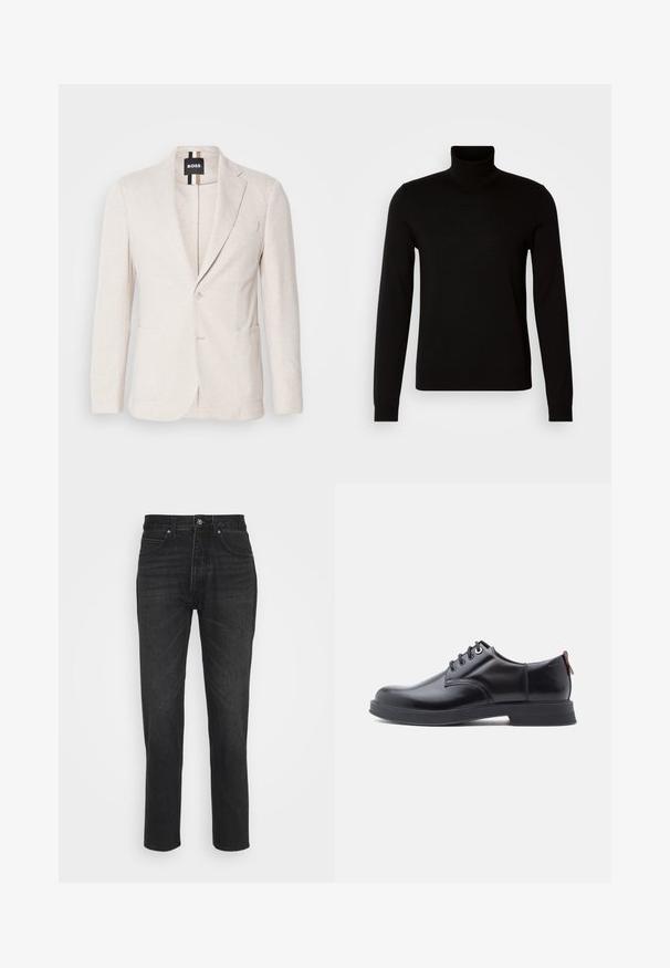 Lys beige blazer lavet af struktureret stof, med en notch revers, to forlommer og en enkelt knaplukning. Mærketikette synlig indeni.; Sort turtleneck sweater lavet af et fint strikket stof, der har lange ærmer og en tætsiddende silhuet. Glat tekstur med ribbede manchetter.; Sorte denimjeans med et lige ben-design, der har fem lommer, knaplukning og subtile syninger.; Sorte snørestøvler i læder med glat tekstur, rundet tå og diskrete syningsdetaljer. Har en rød trækflig på hælen.