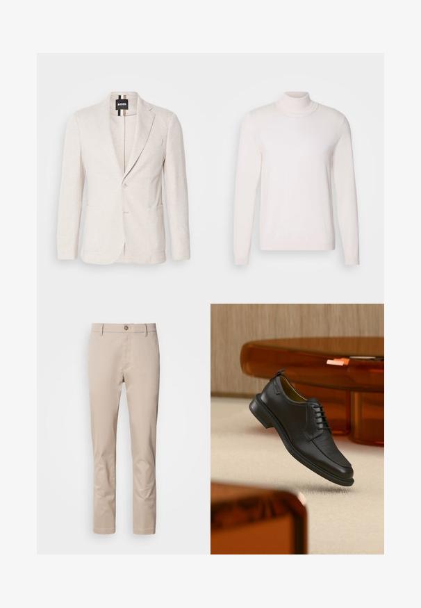Lys beige blazer lavet af struktureret stof, med en notch revers, to forlommer og en enkelt knaplukning. Mærketikette synlig indeni.; Lyserød rullekravesweater med lange ærmer, blød tekstur, ribbet krave og manchetter, der har et klassisk, tætsiddende design.; Beige bomulds chinos med lige pasform, bæltestropper, en enkelt frontknap og en glat, utextureret overflade. Ingen lommer er synlige.; Sort lædersko med snørebånd og tekstureret front, svævende over beige tæppe i et moderne rum med møbler i ravfarvet toning.