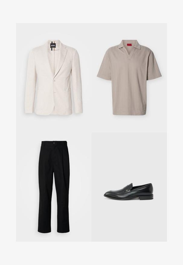 Lys beige blazer lavet af struktureret stof, med en notch revers, to forlommer og en enkelt knaplukning. Mærketikette synlig indeni.; Beige polo-shirt med korte ærmer i strik med et tekstureret lodret stribemønster og åben V-hals.; Sorte lige ben bukser med en knaplukket talje, bæltestropper og en frontfold, præsenteret mod en ensfarvet hvid baggrund.; Sort læder herre loafer med lav hæl, rund tå og lille metallisk logo på remmen, vist i sideprofil på ensfarvet baggrund.