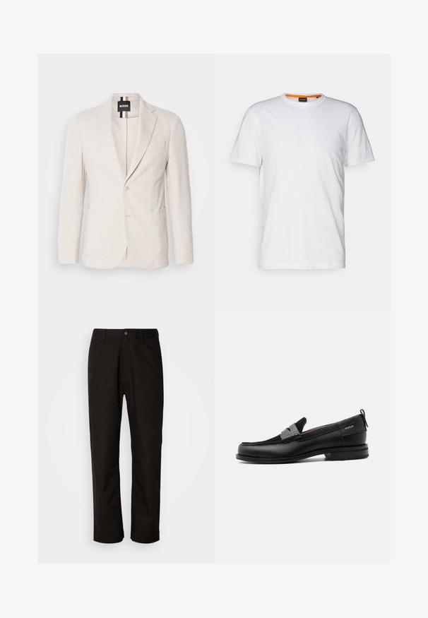 Lys beige blazer lavet af struktureret stof, med en notch revers, to forlommer og en enkelt knaplukning. Mærketikette synlig indeni.; Hvid bomulds T-shirt med rund hals, korte ærmer og et subtilt præget logo på brystet. Indvendigt mærke har en orange detalje.; Sorte bomuldsbukser med lige pasform, bæltestropper, lynlås foran og en enkelt knappelukning. Glat tekstur uden synlige mønstre.; Sort læderloafer med grå remdetalje, lav hæl og tekstureret sål, mærket med "HUGO" i guld på siden.