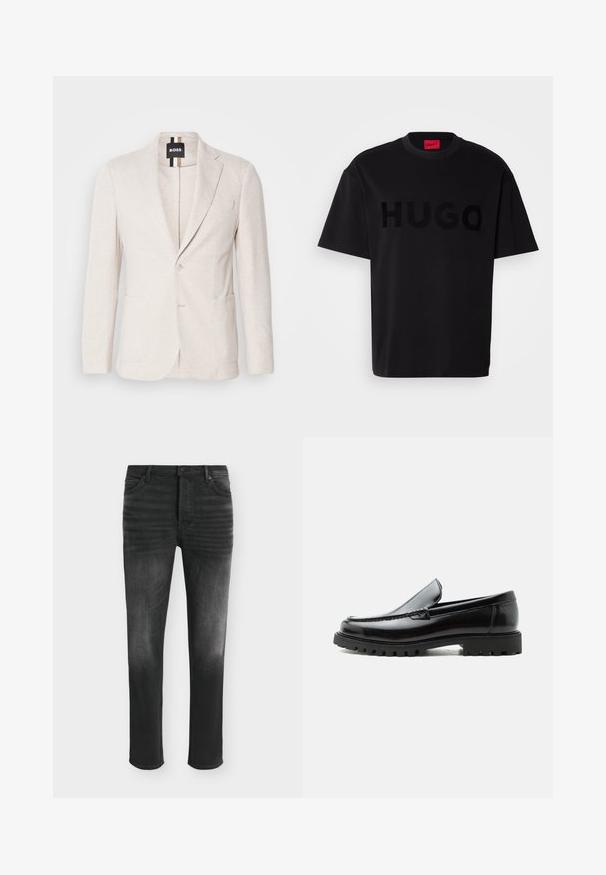 Blazer beige clair en tissu texturé, avec un col cranté, deux poches avant et une fermeture à un bouton. Étiquette de marque visible à l'intérieur.; T-shirt en coton noir à manches courtes, col rond, arborant un grand logo "HUGO" noir brillant sur le devant. Tissu lisse.; Jean skinny noir avec des détails délavés, style cinq poches et fermeture par bouton à la taille.; Mocassin en cuir noir avec semelle en caoutchouc épaisse, dessus cousu et nom de marque embossé sur le talon, présenté de profil sur fond blanc.