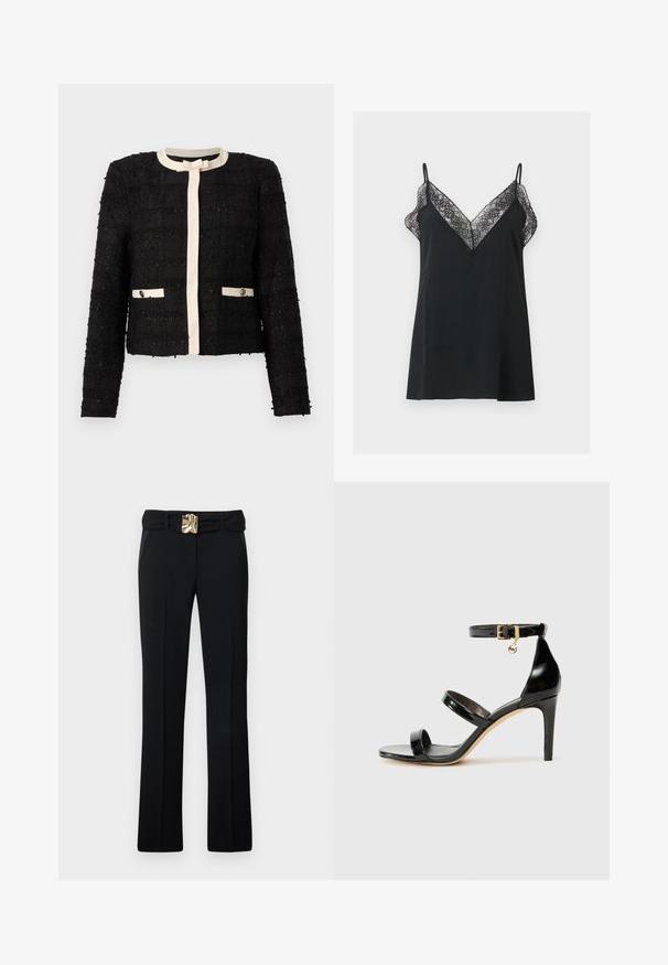 Veste en tweed noire avec bordure crème, encolure ronde, manches longues, nœud sur le devant, et deux poches boutonnées bordées de crème.; Robe nuisette noire sans manches avec une délicate bordure en dentelle le long d'un décolleté plongeant en V et de fines bretelles sur un fond uni.; Pantalon noir ajusté avec une silhouette épurée, doté d'une large ceinture et d'une boucle décorative métallique. Tissu lisse, coupe droite.; Sandale en cuir verni noir avec trois brides, boucle de cheville et talon aiguille de 10 cm. Présente un détail en métal doré et un charm logo.
