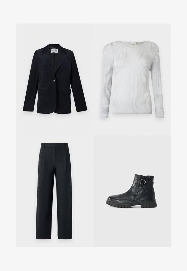 Veste blazer en velours côtelé bleu marine avec un col à revers cranté, des manches longues, deux poches avant, une fermeture à un bouton et une doublure intérieure lisse.; Haut argenté à manches longues avec une texture côtelée et des motifs en vagues, doté d'une encolure ronde et d'un tissu doux. Étiquette visible à l'intérieur du cou.; Pantalon noir ajusté avec une coupe droite, présentant des plis avant, une texture lisse et des passants de ceinture. Pas de poches visibles.; Bottines en cuir noires avec une finition lisse, présentant une accent de boucle et une semelle en caoutchouc texturée avec des crampons prononcés.