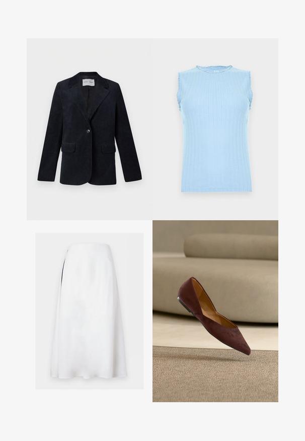 Veste blazer en velours côtelé bleu marine avec un col à revers cranté, des manches longues, deux poches avant, une fermeture à un bouton et une doublure intérieure lisse.; Haut tricoté sans manches bleu clair avec un motif vertical subtil et un petit volant sur l'encolure et les emmanchures.; Jupe midi blanche en forme trapèze avec une taille haute et une discrète fente latérale sur fond uni.; Chaussure plate en daim brun foncé à bout pointu flottant au-dessus d'un tapis beige avec un sofa beige en arrière-plan.