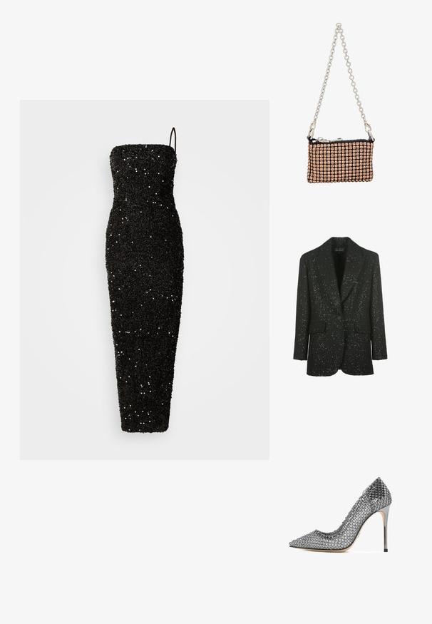 Luisa Spagnoli SOLO - Blazer - nero; Jarlo CLEMENT - Gallakjole - black; Sølvfarvet højhælet pumpe med meshstof dækket af runde reflekterende nitter, spids tå og slank metalstiletthæl.; Sort og rose gold håndtaske med et netlignende design, der har en kæde-rem, lynlås-lukning og dekorative rhinsten.