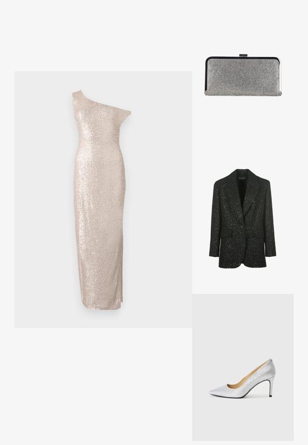 Luisa Spagnoli SOLO - Blazer - nero; Knie-lange, one-shoulder jurk in lichtbeige met een getailleerd silhouet, voorzien van een paillettenstructuur en een slanke, rechte ontwerp.; Zilveren glitter pump met hoge hakken en een puntige neus, voorzien van een gladde binnenvoering. De hak is dun, wat het slanke ontwerp accentueert.; Rechthoekige zilveren clutchtas bedekt met kleine strass-steentjes, met een zwart-zilveren metalen frame en een sluiting met gesp.