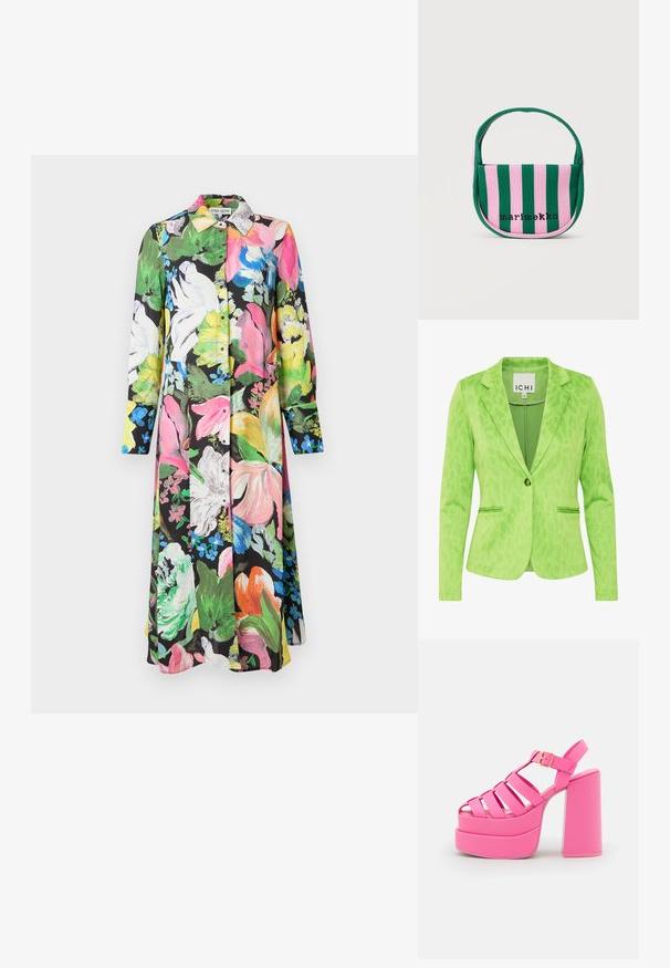 Grüner Blazer mit strukturiertem Leopardenmuster, ausgestattet mit einem Reverskragen, zwei Fronttaschen und einem einfachen Knopfverschluss.; Blumenkleid mit schwarzem Hintergrund, bunten rosa, grünen, gelben und weißen Blumen, langen Ärmeln und durchgehender Knopfleiste.; Steve Madden CARLITA - High Heel Sandalette - pink; Kleine Handtasche mit vertikalen rosa und grünen Streifen, gebogenem Griff und schwarzem "marimekko"-Schriftzug auf der Vorderseite.