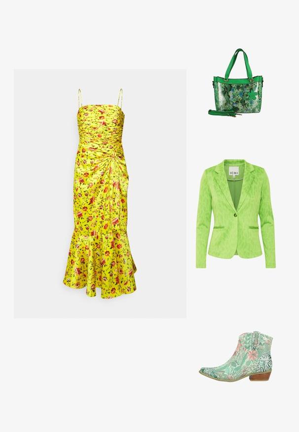 Groene blazer met een gestructureerd luipaardprintpatroon, voorzien van een opstaande kraag, twee voorzakken en een enkele knoopsluiting.; Cinq à Sept MINI PROVENCE KATZ DRESS - Cocktailjurk - yellow; Enkellaars van leer met een groen en roze bloemenpatroon, lage houten hak en decoratief trekkoord met merkembleem.; Groene handtas met bloemmotief, twee handvatten, afneembare schouderriem en een klavertjevier-bedel die aan de voorkant hangt.