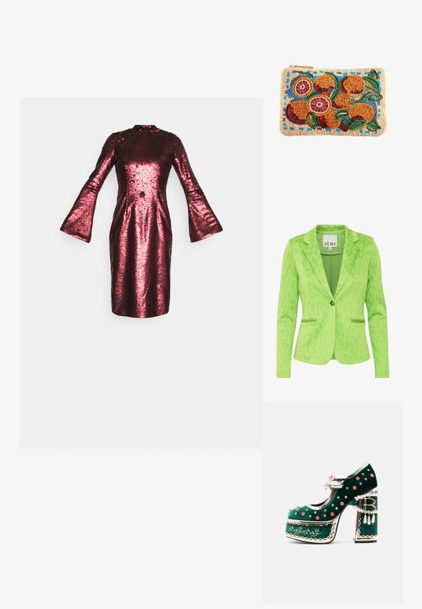Grøn blazer med et struktureret leopardprintmønster, der har en notch krave, to forvaskede lommer og en enkelt knaplukning.; Malina LIVA DRESS - Cocktailkjole / festkjole - berry red; Grøn fløjlsplatformsko med dekorative røde og sølvnitter, perleseler, guldkant, broderi og en blokhæl med dinglende perler og en "B"-vedhæng.; Rektangulær perlebesat clutch med et farverigt mønster af appelsiner, grønne blade og blå accenter på en beige baggrund.