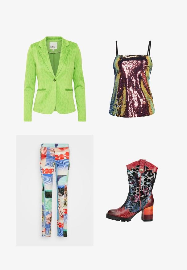 Grüner Blazer mit strukturiertem Leopardenmuster, ausgestattet mit einem Reverskragen, zwei Fronttaschen und einem einfachen Knopfverschluss.; Pailletten-Camisole in mehrfarbigen Schattierungen von Lila, Gold und Grün; mit dünnen schwarzen Trägern, figurbetontem Design und glatter Textur.; Weekday TROUSER - Stoffhose - high performance; Wadenhoher Stiefel mit Absatz, roten Lederakzenten, bunten floralen Paillettenmustern und einem mehrlagigen Blockabsatz aus Holz.