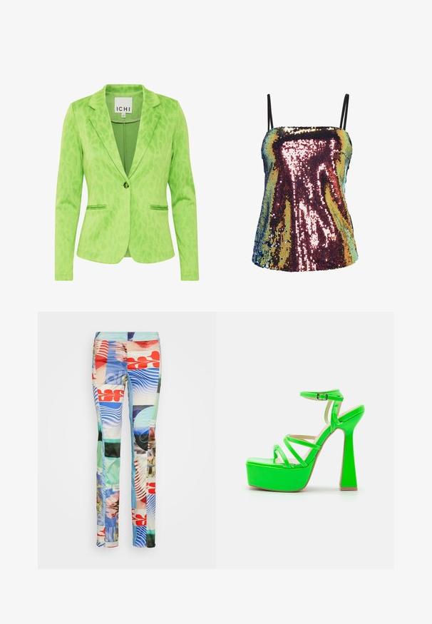 Grøn blazer med et struktureret leopardprintmønster, der har en notch krave, to forvaskede lommer og en enkelt knaplukning.; Paillet-camisole i flerfarvede nuancer af lilla, guld og grøn; har tynde sorte stropper, tætsiddende design og glat tekstur.; Weekday TROUSER - Bukser - high performance; RAID MISHKA - Højhælede sandaletter / Højhælede sandaler - green