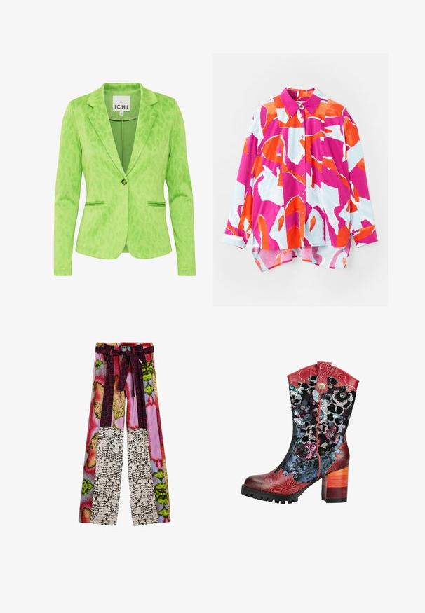Blazer verde con un patrón de leopardo texturizado, que presenta un cuello con muesca, dos bolsillos frontales y un cierre de un solo botón.; Camisa abotonada con un patrón abstracto colorido en rosa, naranja y azul claro. Hecha de tela suave, cuenta con cuello y mangas largas.; Pantalones de pierna ancha con un patchwork colorido de estampados florales y abstractos, y un cinturón de tela a juego atado a la cintura.; Bota hasta la mitad de la pantorrilla con tacón, acentos de cuero rojo, patrones florales de lentejuelas coloridas y un tacón bloque de madera en capas.