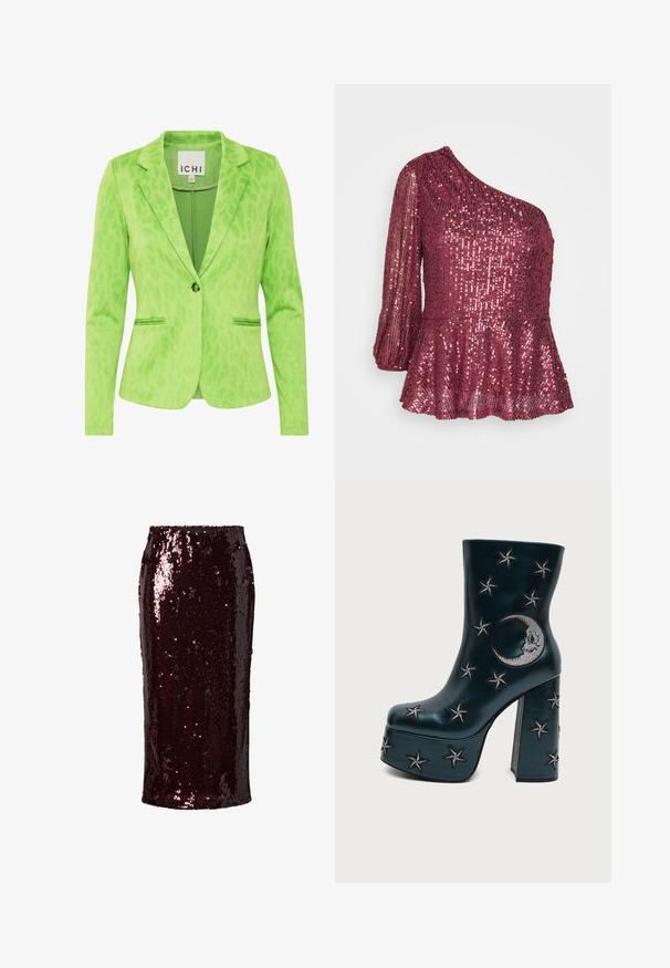 Grøn blazer med et struktureret leopardprintmønster, der har en notch krave, to forvaskede lommer og en enkelt knaplukning.; JDY JDYCARMEN ONE SHOULDER GLITTER - Top - apple butter; Bordeaux pencil skirt med paljetter, der har en tætsiddende silhuet, glat tekstur, knælængde, med en skinnende, reflekterende overflade og uden synlige lukninger.; Sort platformstøvle med blokhæl, dekoreret med sølvbroderede stjerner og en måne på siden.