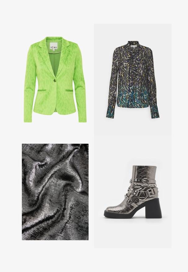Grüner Blazer mit strukturiertem Leopardenmuster, ausgestattet mit einem Reverskragen, zwei Fronttaschen und einem einfachen Knopfverschluss.; Patrizia Pepe CAMICIA - Hemdbluse - dark multicolor; Schwarzer und silberner strukturierten Stoff mit schimmerndem Finish, der glatte, fließende Wellen und einen subtilen Glanz aufweist.; Metallisch silberner Knöchelstiefel mit mehreren schwarzen Riemen, silbernen Nieten und einem klobigen schwarzen Absatz. Strukturierte Oberfläche mit glänzendem Finish.