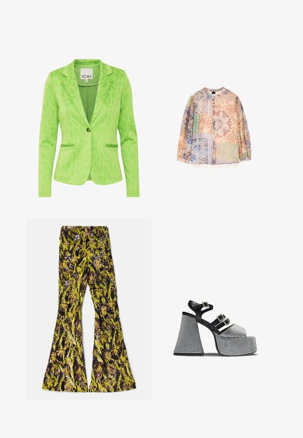 Grüner Blazer mit strukturiertem Leopardenmuster, ausgestattet mit einem Reverskragen, zwei Fronttaschen und einem einfachen Knopfverschluss.; Langärmlige Bluse mit Knopfleiste und mehrfarbigen floral-geometrischen Patchwork-Mustern in Pastellfarben von Lila, Pfirsich, Grün und Blau.; AKNVAS EXCLUSIVE LENNON BEADED PANT - Stoffhose - ink citrine; Schwarz-silberne Plateausandale mit drei Riemen, die mit Strass-Schnallen verziert sind, und einem breiten, strukturierten Blockabsatz.