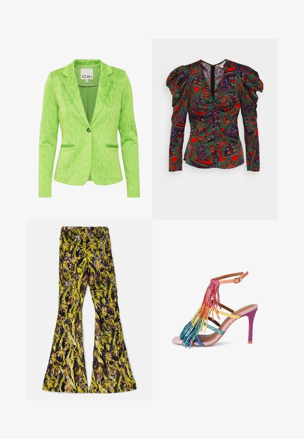 Groene blazer met een gestructureerd luipaardprintpatroon, voorzien van een opstaande kraag, twee voorzakken en een enkele knoopsluiting.; Veronica Beard SIMMONS - Blouse - flame red multi; AKNVAS EXCLUSIVE LENNON BEADED PANT - Broek - ink citrine; Sandaal met hoge hak, roze basis, meerkleurige strassriempjes en regenboogfranje die hangt aan het enkelriempje met gesp.