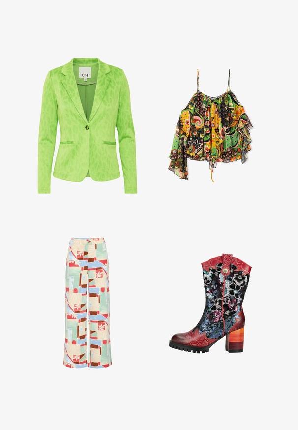 Blazer verde con un patrón de leopardo texturizado, que presenta un cuello con muesca, dos bolsillos frontales y un cierre de un solo botón.; Blusa sin mangas con un estampado brillante, mangas asimétricas con volantes, tirantes finos y dobladillo con cordón en un diseño floral y geométrico multicolor.; Pantalones de pierna ancha con un patrón geométrico multicolor en rojo, marrón, azul y verde. Fabricados con un tejido ligero y de textura suave.; Bota hasta la mitad de la pantorrilla con tacón, acentos de cuero rojo, patrones florales de lentejuelas coloridas y un tacón bloque de madera en capas.