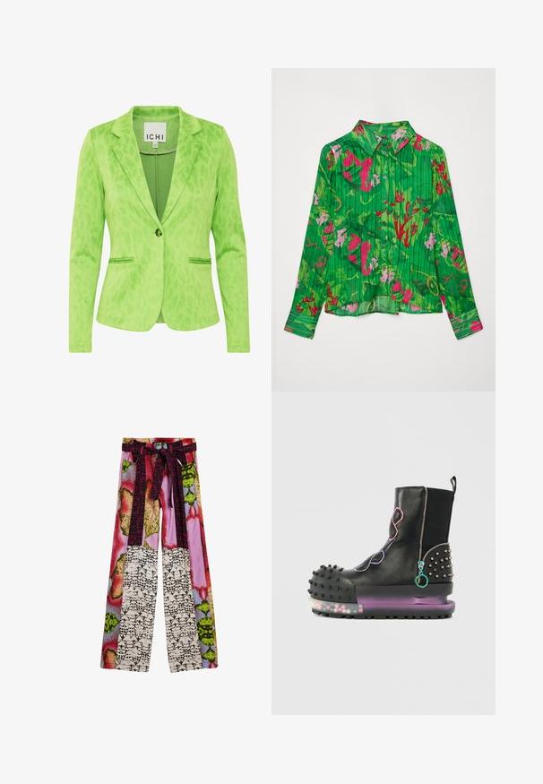 Grøn blazer med et struktureret leopardprintmønster, der har en notch krave, to forvaskede lommer og en enkelt knaplukning.; Grønne knap-up skjorte med blomsterprint i pink og rød. Har en krave og lange ærmer med en lige kant. Struktureret stof.; Bukser med vide ben og et farverigt lapværk af blomster- og abstrakte print samt et matchende stofbælte bundet om livet.; Sort læderstøvle med en kraftig sål, nitter, farverige lynlåse og en polstret tå. Den klare sål har dekorative elementer indeni.