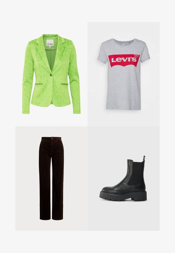Groene blazer met een gestructureerd luipaardprintpatroon, voorzien van een opstaande kraag, twee voorzakken en een enkele knoopsluiting.; Grijze katoen t-shirt met een groot rood Levi's logo over de borst, met een klassieke ronde hals en korte mouwen.; Polo Ralph Lauren COTTON CORDUROY WIDE-LEG PANT - Broek - dark beech; Zwarte leren enkelboot met elastische zijpanelen, een ronde neus en een chunky, getextureerde rubberen zool. Voorzien van een treklabel aan de achterkant.