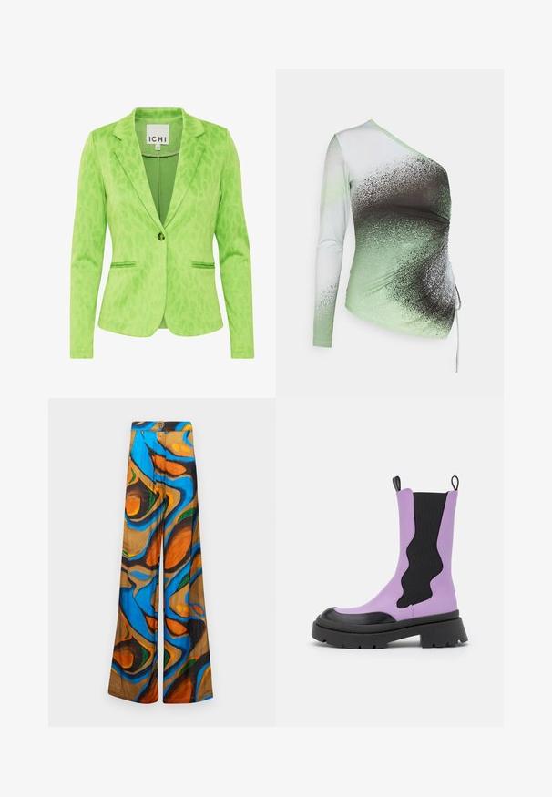 Grüner Blazer mit strukturiertem Leopardenmuster, ausgestattet mit einem Reverskragen, zwei Fronttaschen und einem einfachen Knopfverschluss.; Elleme ONE SHOULDER - Langarmshirt - light green/white; weite Hosen mit einem mehrfarbigen abstrakten Muster in Blau-, Orange- und Brauntönen. Hergestellt aus leichtem Stoff mit glatter Textur.; NA-KD WAVY ELASTIC BOOTS - Plateaustiefel - black/purple