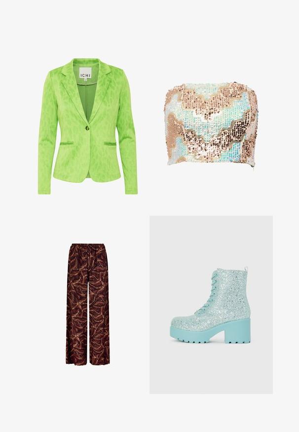 Blazer verde con un patrón de leopardo texturizado, que presenta un cuello con muesca, dos bolsillos frontales y un cierre de un solo botón.; SOMETHINGNEW SNBABE TUBE SEQUIN CORSET - Top - moonstone; Pantalones de pierna ancha con cinturilla elástica, con un patrón abstracto de plumas en tonos rojo oscuro y marrón.; Botas de tobillo azul claro brillantes con un tacón grueso, cordones al estilo de senderismo y una superficie texturizada que presenta acentos brillantes.