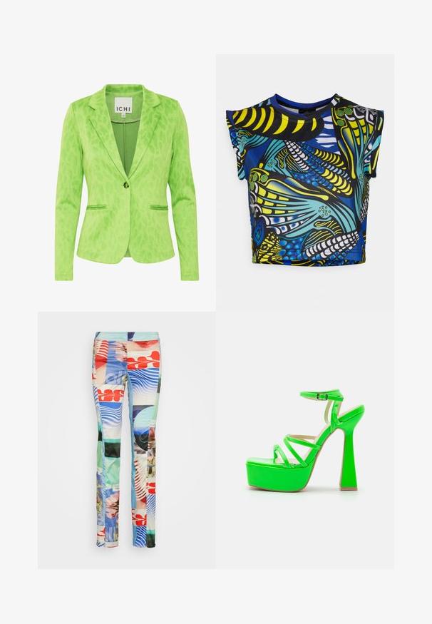 Grøn blazer med et struktureret leopardprintmønster, der har en notch krave, to forvaskede lommer og en enkelt knaplukning.; MASA MARA CROP VEST - Top - broken wing; Weekday TROUSER - Bukser - high performance; RAID MISHKA - Højhælede sandaletter / Højhælede sandaler - green