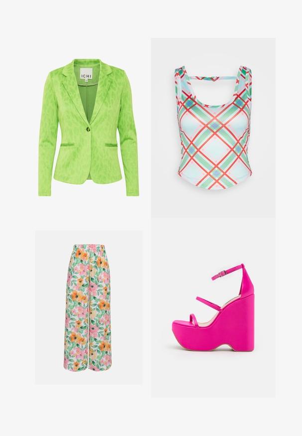 Grüner Blazer mit strukturiertem Leopardenmuster, ausgestattet mit einem Reverskragen, zwei Fronttaschen und einem einfachen Knopfverschluss.; Neon & Nylon AUDREY CUTOUT BUCKLE - Top - aruba blue multi; Blumige, weite Hosen mit einem mehrfarbigen Druck aus rosa, orange und grünen Blumen auf einem weißen Hintergrund. Elastischer Bund.; Rosa Plateausandalen mit hohem Keilabsatz, ausgestattet mit zwei dünnen Riemen an der Vorderseite und einem Knöchelriemen mit einer metallischen Schnalle. Glatte Textur.