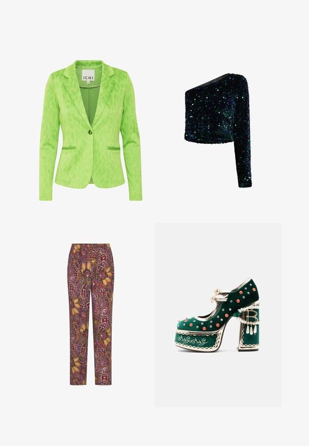 Grüner Blazer mit strukturiertem Leopardenmuster, ausgestattet mit einem Reverskragen, zwei Fronttaschen und einem einfachen Knopfverschluss.; Schwarzes One-Shoulder-Top, bedeckt mit grünen und blauen Pailletten, mit einem langen Ärmel und asymmetrischem Ausschnitt.; Mehrfarbige Hose mit Gummizug, die ein Paisley-Muster in den Farben Rosa, Orange und Grün zeigt, mit einer glatten, leichten Textur.; Grüner Samtplattformschuh mit dekorativen roten und silbernen Nieten, Perlenriemen, goldener Einfassung, Stickerei und einem Blockabsatz mit baumelnden Perlen und einem "B"-Charm.