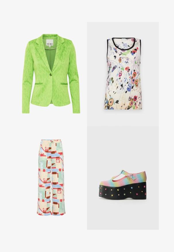 Blazer verde con un patrón de leopardo texturizado, que presenta un cuello con muesca, dos bolsillos frontales y un cierre de un solo botón.; Top sin mangas de estampado floral en crema, que presenta colores vibrantes, ribete negro y una textura suave. El diseño incluye una variedad de flores y motivos abstractos.; Pantalones de pierna ancha con un patrón geométrico multicolor en rojo, marrón, azul y verde. Fabricados con un tejido ligero y de textura suave.; Zapatos de plataforma brillantes en arcoíris con una tira en forma de T, adornados con una hebilla en forma de estrella y tachuelas de estrellas multicolores sobre una base negra.