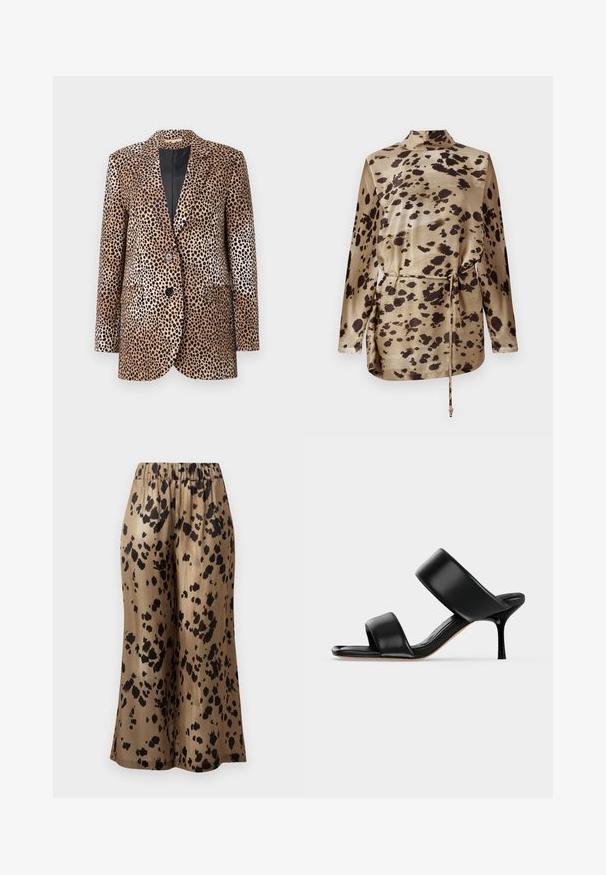 Blazer à motifs léopard en beige et noir, avec deux boutons, revers crantés et poches latérales, fabriqué dans un tissu lisse et brillant.; Blouse à manches longues en satin beige à motif léopard, dotée d'un col montant, d'une taille à cordon et d'une texture lisse et brillante.; Pantalons amples à motifs marron avec un design à pois noirs, fabriqués dans un tissu brillant, dotés d'une taille élastique pour le confort.; Sandale mule en cuir noir avec deux larges brides et un talon stiletto fin de hauteur moyenne sur un fond clair uni.