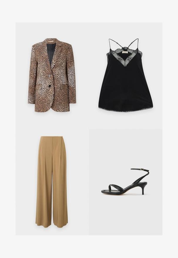 Blazer à motifs léopard en beige et noir, avec deux boutons, revers crantés et poches latérales, fabriqué dans un tissu lisse et brillant.; Camisole noire avec des bretelles réglables, dotée d'un décolleté en dentelle plongeant et de bords festonnés. Tissu lisse avec un léger éclat.; Pantalon à jambes larges en tissu marron clair, doté d'une texture lisse, de plis subtils et d'une taille haute pour un look taillé sur mesure.; Sandale pour femme en cuir noir avec fines lanières, une boucle d'orteil, une boucle à la cheville et un talon aiguille de hauteur moyenne sur un fond neutre.