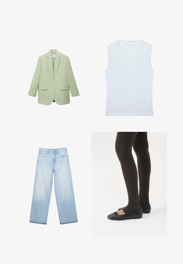 Lysgrøn blazer med en struktureret design, enkelt knaplukning, spidse klapper og to frontlommer. Glat stofstruktur.; Ærmeløs hvid bomulds tanktop med rund halsudskæring og et enkelt, ensfarvet design.; Lyseblå vidde jeans med frontknap, lynlås og fem-lomme-design, lagt fladt på en hvid baggrund.; Ben iført mørke ribbede leggings kombineret med sorte balletsko med små sløjfedetaljer på hvid baggrund.