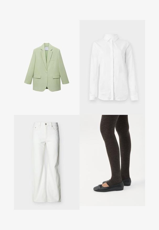 Lysgrøn blazer med en struktureret design, enkelt knaplukning, spidse klapper og to frontlommer. Glat stofstruktur.; Hvid langærmet skjorte lavet af glat bomuld. Har en klassisk krave og en knaplukning fortil med en lige kant uden mønstre.; Hvide jeans med høj talje og lige ben, med forreste knap, lynlåslukning samt sidelommer og baglommer, mod en ensartet lys baggrund.; Ben iført mørke ribbede leggings kombineret med sorte balletsko med små sløjfedetaljer på hvid baggrund.