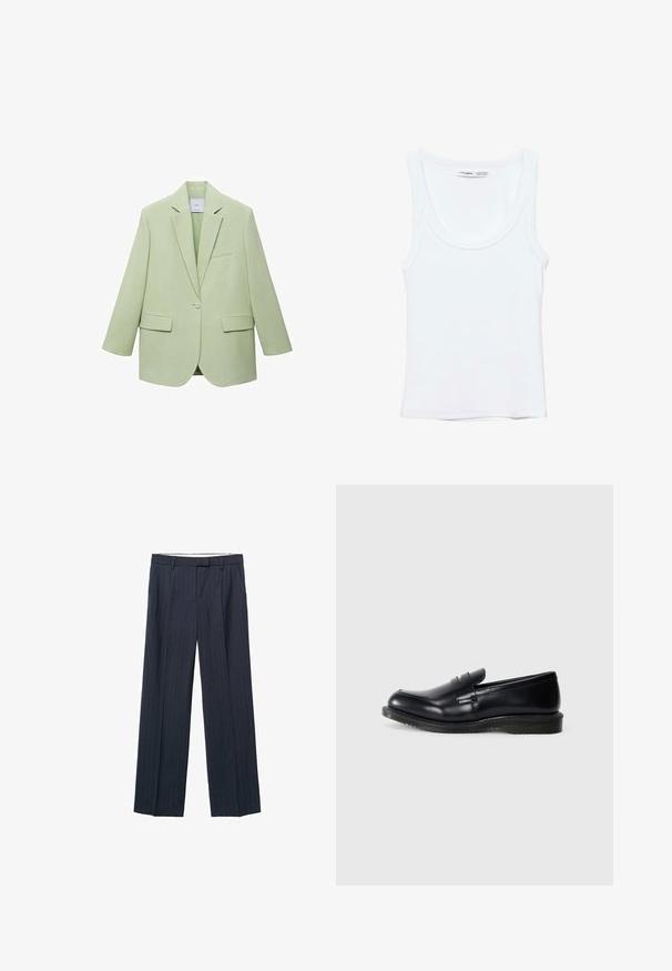 Svetlozelený blazer so štruktúrovaným dizajnom, s jedným gombíkom na zapínanie, s klopovými goliermi a dvoma prednými vreckami. Hladká textúra látky.; Jednoduché biele tielko bez rukávov s výstrihom do U, vyrobené z mäkkej látky, so značkovou a veľkostnou štítkom vo vnútri goliera.; Námornícke pruhované nohavice, široké nohavice, strih na mieru, skladanie pozdĺž prednej časti, pútka na opasok a zapínanie na zips. Hladká textúra látky.; Čierne kožené mokasíny s hladkým povrchom, okrúhlou špičkou a prešitím na priehlavku, s textúrovanou gumovou podrážkou pre lepšie grip.