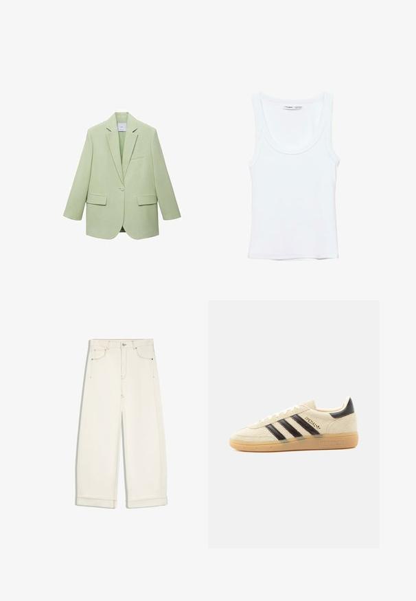 Lysgrøn blazer med en struktureret design, enkelt knaplukning, spidse klapper og to frontlommer. Glat stofstruktur.; Hvid, ærmeløs top med rund halsudskæring, lavet af blødt stof. Mærkat indeni kraven viser mærke og størrelsesoplysninger.; Off-white brede cropped bukser med frontknap, lynlås, to forlommer og synlige brune syninger.; Kremfarvet ruskindssneaker med sorte striber, gummisål, sort hælstrop og gyldent "SPEZIAL"-tekst på siden.