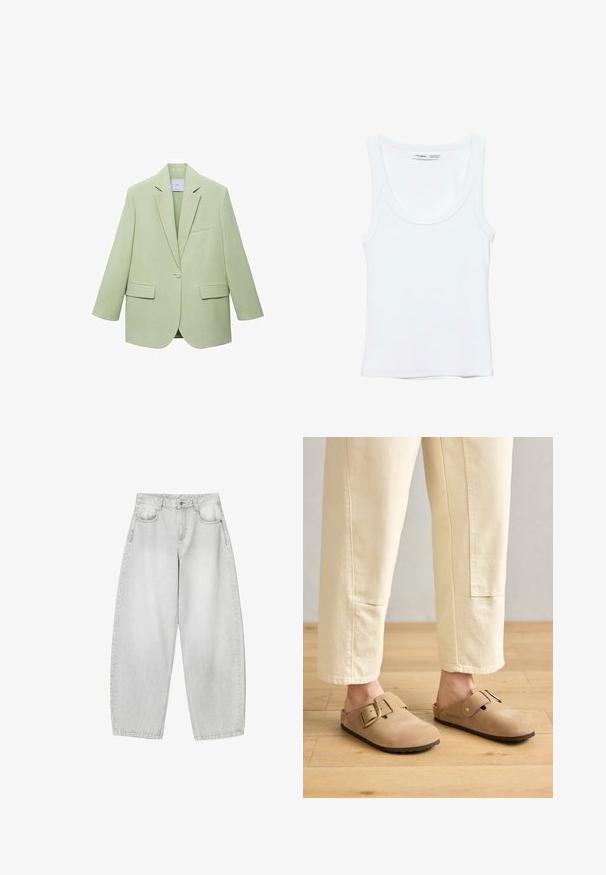 Lysgrøn blazer med en struktureret design, enkelt knaplukning, spidse klapper og to frontlommer. Glat stofstruktur.; Hvid, ærmeløs top med rund halsudskæring, lavet af blødt stof. Mærkat indeni kraven viser mærke og størrelsesoplysninger.; Lysegrå vide jeans lavet af denim, med frontlommer, en knaplukning i taljen og en let falmet finish.; Tan ruskinds-sandaler med en bred strop og gyldent spænde, tekstureret overflade og brun gummisål; båret med løse elfenbenfarvede tapered bukser.