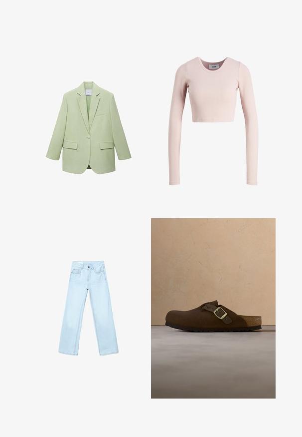 Lysgrøn blazer med en struktureret design, enkelt knaplukning, spidse klapper og to frontlommer. Glat stofstruktur.; Lyserød ribbet langærmet kort top med rund halsudskæring, tætsiddende silhuet og JJXX mærke indeni kraven.; Lyseblå jeans med høj talje og vide ben, med knapper og lynlås foran samt lommer foran og bagpå, lagt fladt på hvid baggrund.; Brun mokkasinsko med flettet rem og metalspænde, med formet fodbed og tekstureret gummisål.