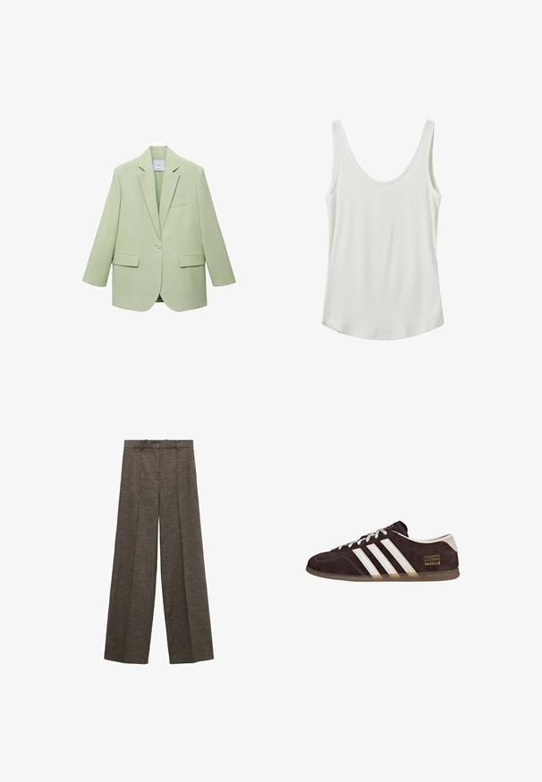 Lysgrøn blazer med en struktureret design, enkelt knaplukning, spidse klapper og to frontlommer. Glat stofstruktur.; Hvid ribbet tanktop med scoop-udskæring og tynde stropper. Lavet af blødt stof med en glat tekstur. Rundet søm nederst.; Brune vidde bukser med for-rynker, bæltestropper og et struktureret stof.; Brune ruskindssneakers med tre hvide striber, gummisål og tekstlabel med ordene "Gazelle" i guld. Snørebåndsdesign med grå snørebånd.
