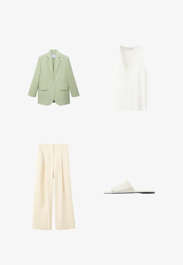 Lysgrøn blazer med en struktureret design, enkelt knaplukning, spidse klapper og to frontlommer. Glat stofstruktur.; Hvid ribbet ærmeløs tanktop med rund halsudskæring og bølgede kanter, lagt fladt på en hvid baggrund.; Bukser i cremefarve med vide ben, frontplisser og sidelommer, med skjult frontlukning.; Hvid slidesandal med en bred rem og flad sål, vist i sidevisning på en hvid baggrund.