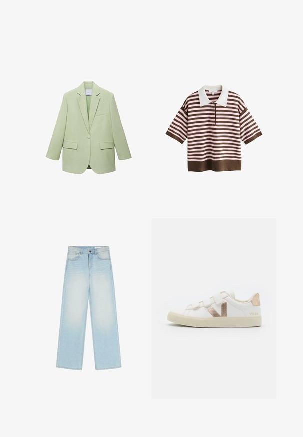 Lysgrøn blazer med en struktureret design, enkelt knaplukning, spidse klapper og to frontlommer. Glat stofstruktur.; Kortærmet brun og lyserød stribet striktop med hvid krave og kort frontlynlås.; Lyseblå vidbenet cowboybukser med knapper og lynlås foran, bæltestropper og forlommer på hvid baggrund.; Hvide sneakers med velcro-stropper, beige accenter, struktureret guld 'V'-logo og en cremefarvet gummisål. Glat læderoverdel.