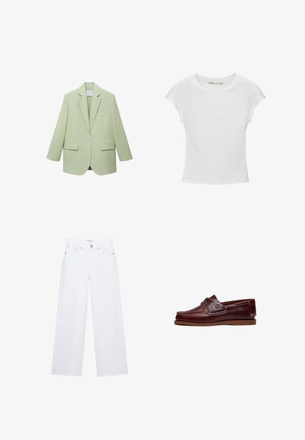 Lysgrøn blazer med en struktureret design, enkelt knaplukning, spidse klapper og to frontlommer. Glat stofstruktur.; Hvid bomuld t-shirt med korte, opsmøgede ærmer, rund halsudskæring og lige kant. Glat tekstur uden synlige mønstre eller detaljer.; Hvide jeans med høj talje og vide ben med knap- og lynlåslukning, for- og baglommer samt sølvfarvede nitter som detaljer.; Brun læder bådsko med snørre, syningsdetaljer og Timberland-logo på siden, vist på en hvid baggrund.