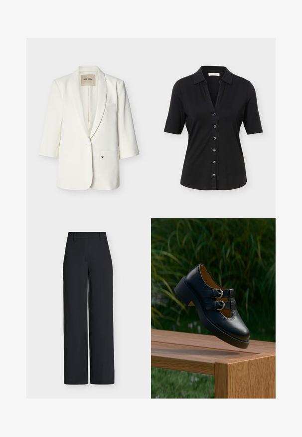 Blazer blanc cintré avec revers crantés, fermeture à un bouton, deux poches avant et manches trois-quarts.; Chemise noire à manches courtes avec col, six boutons sur le devant, et une silhouette légèrement cintrée.; Pantalon noir taille haute à jambes larges, avec passants pour ceinture et fermeture dissimulée à l'avant.; Chaussure noire en cuir à double boucle avec des détails perforés flottant au-dessus d'un banc en bois à l'extérieur avec de l'herbe verte et des plantes en arrière-plan.
